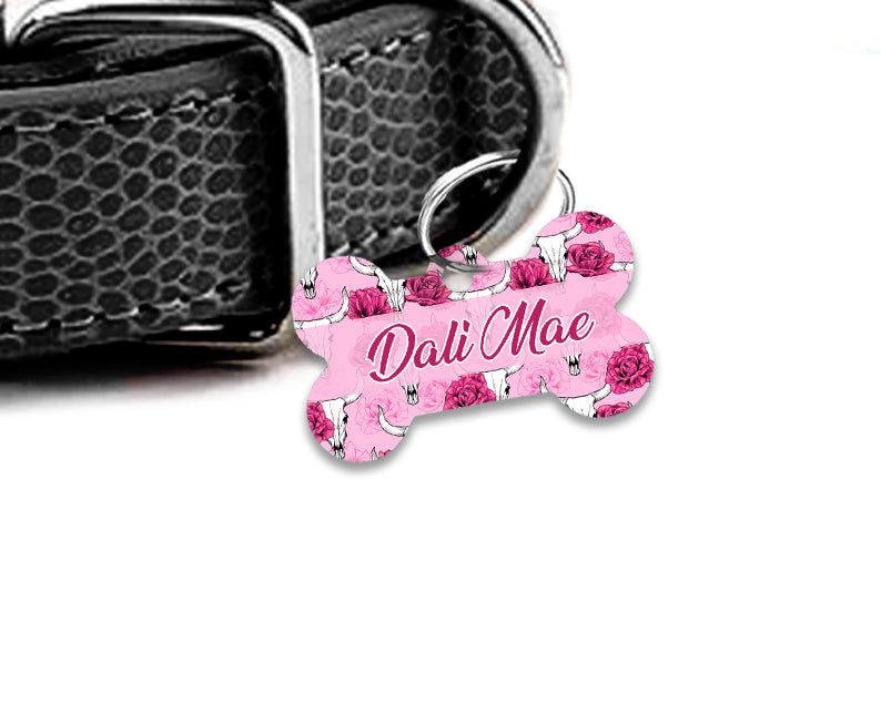 Pet ID Tag | Pink Boho Skull
